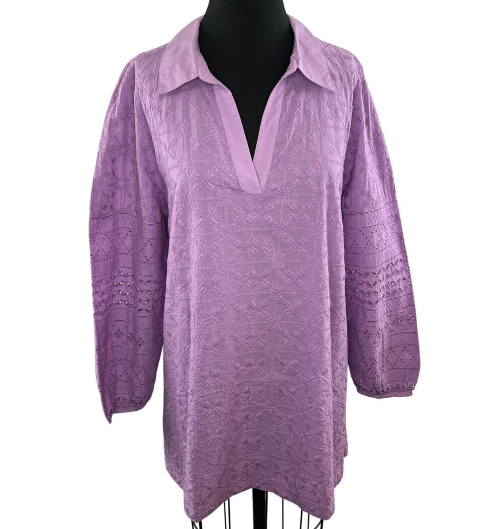 BADGLEY MISCHKA Purple Cotton Crochet Embroidered Collar Cover Up Tunic Top XL